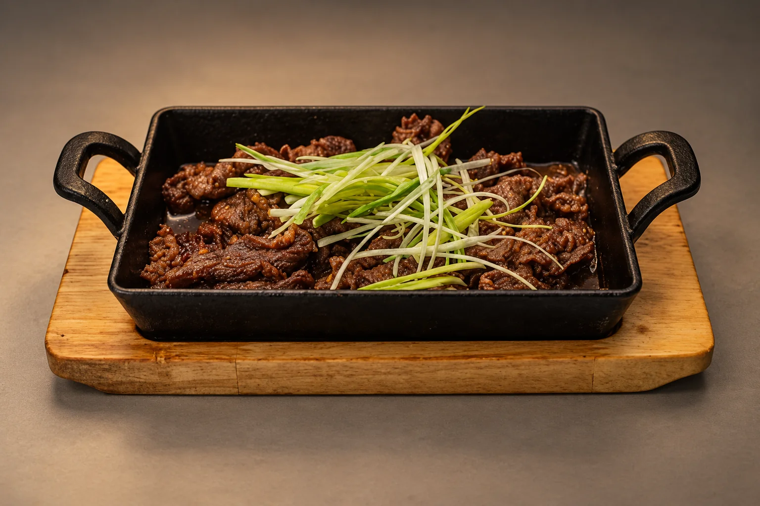 Bulgogi dans un plat noir sur un support en bois