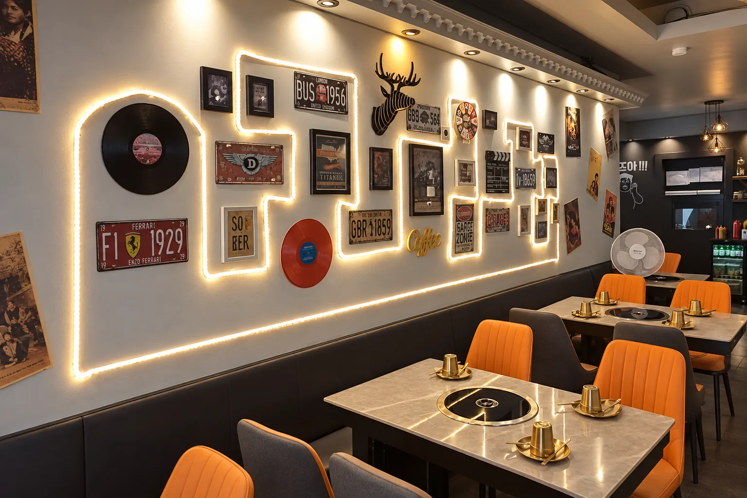 Mur lumineux décoré de vinyles et d'affiches, tables de barbecue